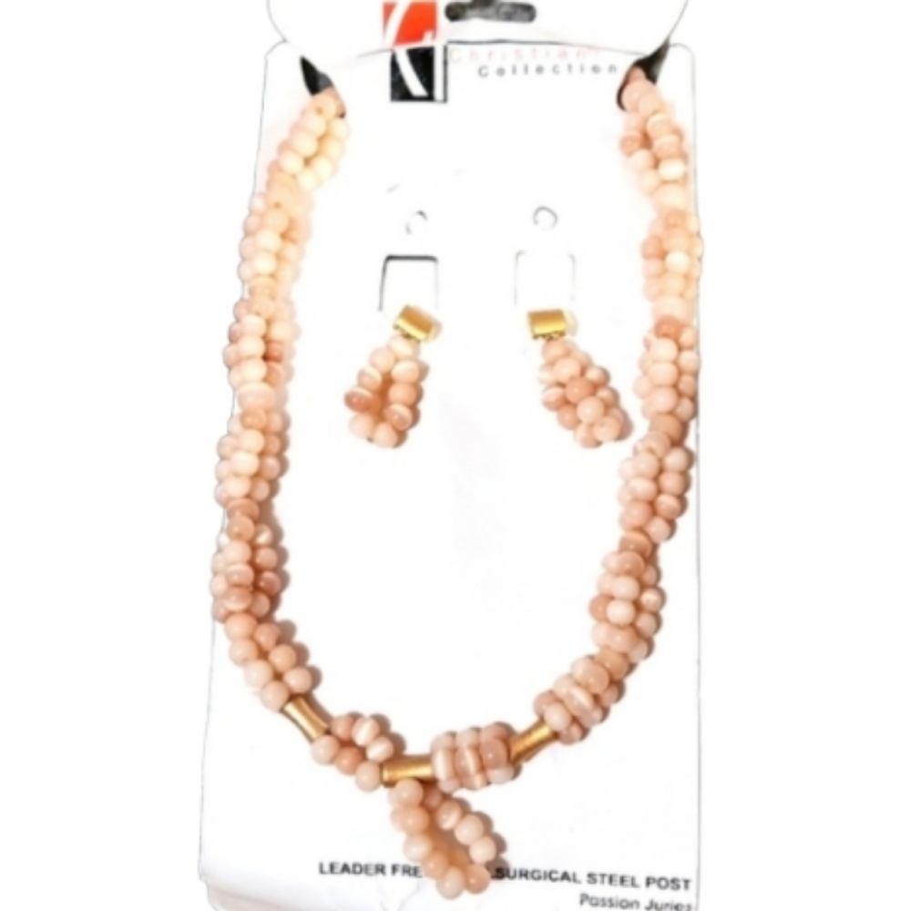 New pale tiger Eye type beaded necklace earrings vintage new